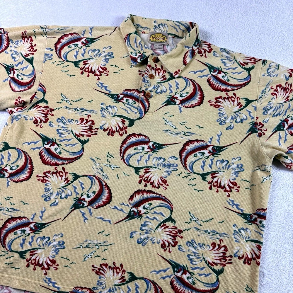 Vintage Reyn Spooner Shirt Large Yellow Marlin Fishing All Over Print‎ Ocean Sea